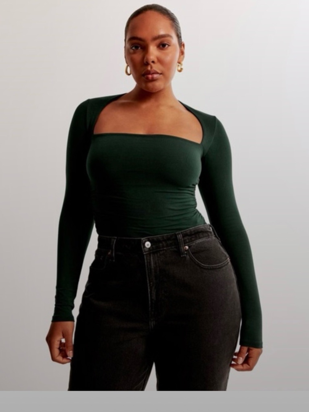 Abercrombie & Fitch Square-Neck Long Sleeve Top in Forest Green